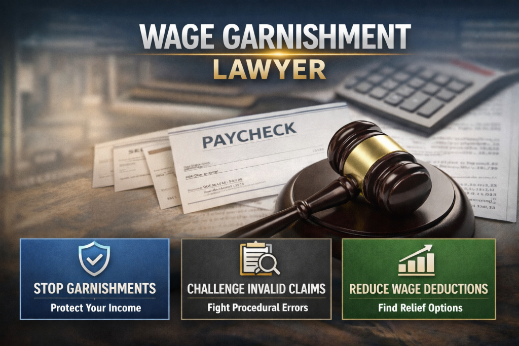 Lawyer reviewing wage garnishment documents with individual